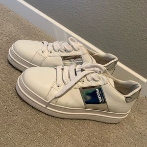 Prada sport white metallic silver/white sneakers